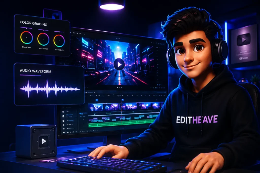 "Professional video editing studio workspace at EditHeavan"